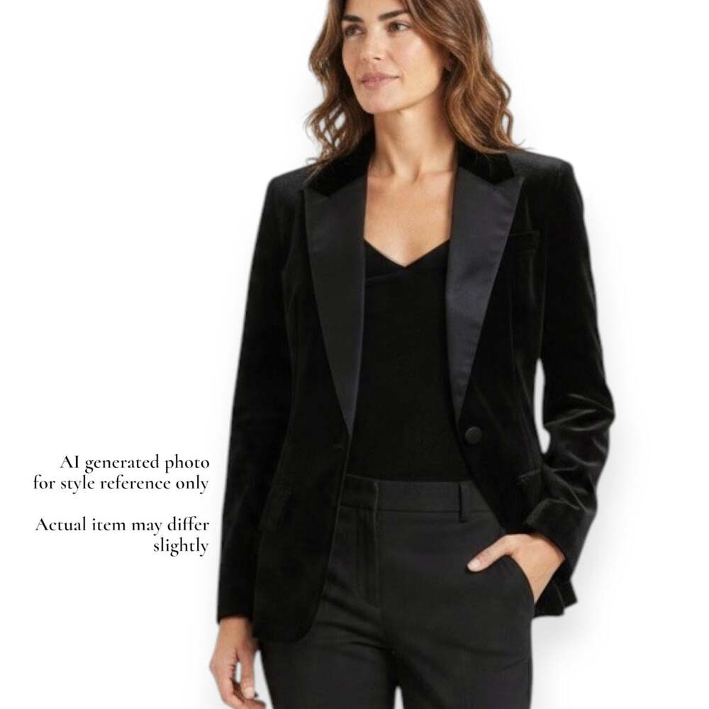 LUXURY Black Velvet Satin Trimmed Tuxedo Blazer Jacket Women Small